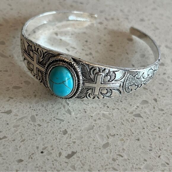 Bohemian Vintage Style Cross Shaped Adjustable Bangle With Fake Turquoise - Picture 5 of 11